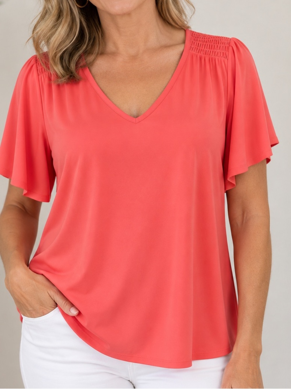 Michael Michael Kors Coral Flutter Sleeve V-Neck Blouse Top Size Large